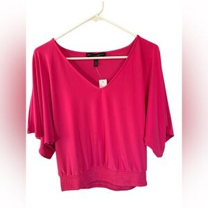 White House Black Market Women Pink XS Elbow Sleeve Smocked Bottom Kimono Tee